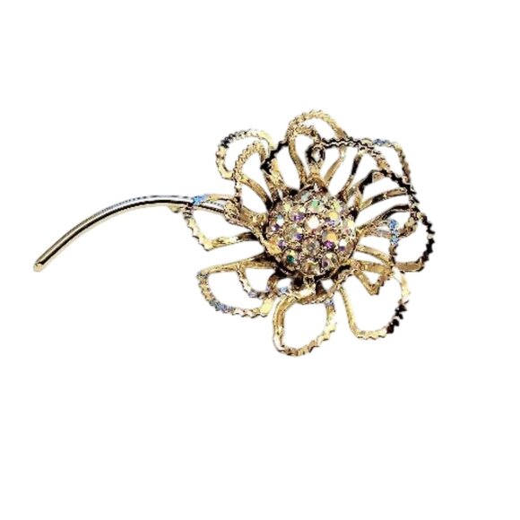 Sarah Coventry Crystal Crimped Flower Leaf Pin Brooch Gold Tone - Picture 4 of 6